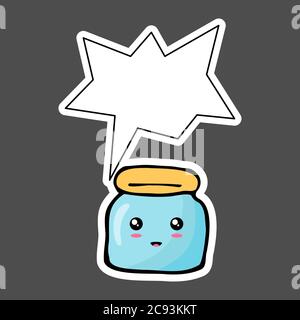 Kawaii sticker colorful cartoon jar with thought bubble. Vector illustration isolated on dark background. Stock Vector