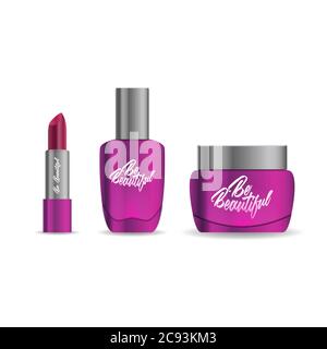 Lipstick, nail polish and cream in pink purple jars Stock Vector