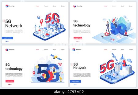 5G telecom network wireless technology vector illustrations. Creative modern concept web page banner set, 3d isometric or flat digital design with tech global cellular networking system for smart city Stock Vector