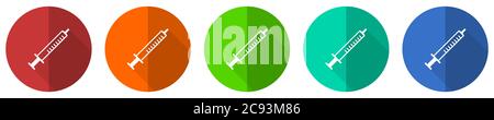 Medicine icon set, red, blue, green and orange flat design web buttons isolated on white background, vector illustration Stock Vector