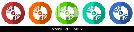 Vinyl music icon set, red, blue, green and orange flat design web buttons isolated on white background, vector illustration Stock Vector