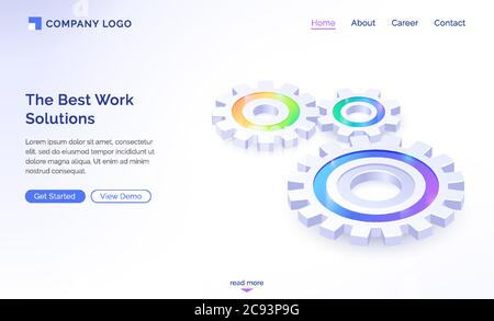 The best work solutions isometric landing page, engine gears, cogwheels mechanism working process, teamwork cooperation, company strategy or innovative idea development concept, 3d vector web banner Stock Vector