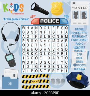 Easy word search crossword puzzle 'At the police station', for children in elementary and middle school. Fun way to practice language comprehension an Stock Vector