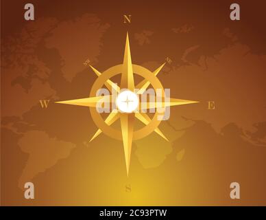 Gold compass over a world map brown background Stock Vector
