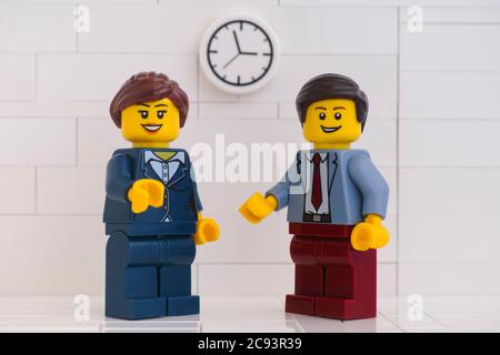 Tambov, Russian Federation - June 3, 2020 Lego minifigure businessmen having a meeting. Stock Photo