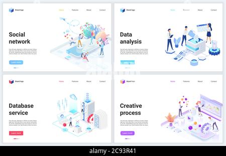 Isometric data analysis of social media network technology vector illustrations. Creative 3d modern concept webpage banner set with cloud office database analyzing service, internet tech analytics Stock Vector