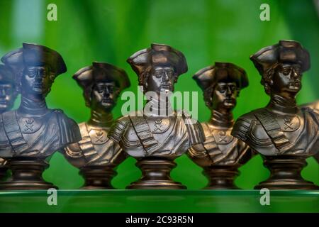 Busts of Tsar Peter the Great in the window of a souvenir shop on Nevsky Prospekt in central Saint Petersburg, Russia Stock Photo