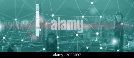 Networking fast wireless internet concept iot network telecommunication 5g website header double exposure city skyline view. Stock Photo