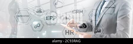 Erp Crm Hr Innovation inscriptions and icons on business background. Stock Photo