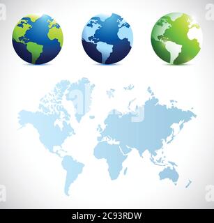 World map and globes illustration design over a white background Stock Vector
