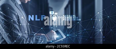 NLP natural language processing cognitive computing technology concept on blurred Server Room. Stock Photo