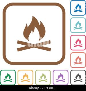 Camp fire simple icons in color rounded square frames on white background Stock Vector