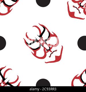 Vector Japanese drama Kabuki face seamless pattern background. Red and black theatre mask and circles on white backdrop. Hand drawn stylised aragoto Stock Vector