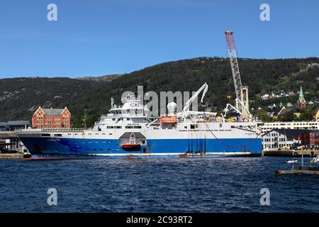 Research / seismic survey vessel BGP Prospector at Dokkeskjaerskaien quay. Moored in Damsgaardssundet, in the port of Bergen, Norway. Stock Photo