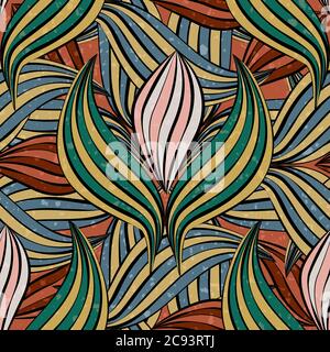 Linocut style leaves botanical seamless vector pattern background. Backdrop of green, mustard yellow, pink overlapping organic foliage. Hand drawn Stock Vector