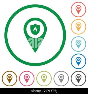 Fire station GPS map location flat color icons in round outlines on white background Stock Vector