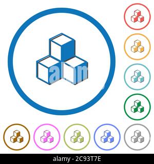 Cubes flat color vector icons with shadows in round outlines on white background Stock Vector