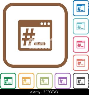OS root terminal simple icons in color rounded square frames on white background Stock Vector