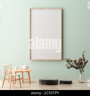 Blank vertical poster frame mock up standing on green wall. One wooden frame isolated in Scandinavian interior. 3d rendering Stock Photo