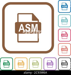 ASM file format simple icons in color rounded square frames on white background Stock Vector