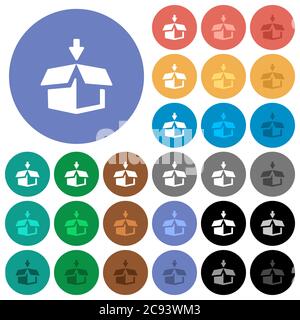 Pack to box multi colored flat icons on round backgrounds. Included white, light and dark icon variations for hover and active status effects, and bon Stock Vector