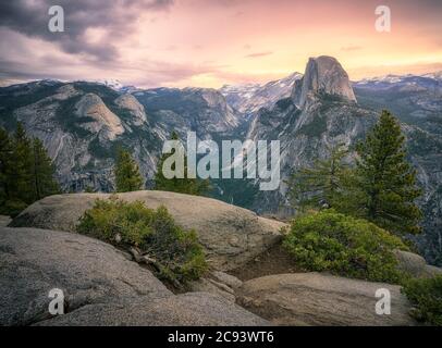 half dome from glacier point in yosemite national park at sunset, california, usa Stock Photo