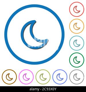 Moon shape flat color vector icons with shadows in round outlines on white background Stock Vector