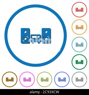 Stereo system flat color vector icons with shadows in round outlines on white background Stock Vector