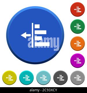 Decrease left indentation of content round color beveled buttons with smooth surfaces and flat white icons Stock Vector