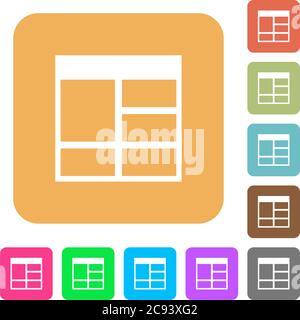 Spreadsheet vertically merge table cells flat icons on rounded square vivid color backgrounds. Stock Vector