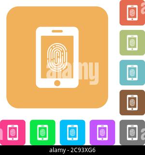 Smartphone fingerprint identification flat icons on rounded square vivid color backgrounds. Stock Vector