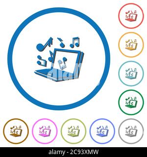 Laptop with music symbols flat color vector icons with shadows in round outlines on white background Stock Vector