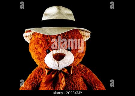 Teddy bear wearing a Panama hat isolated on a black background Stock Photo