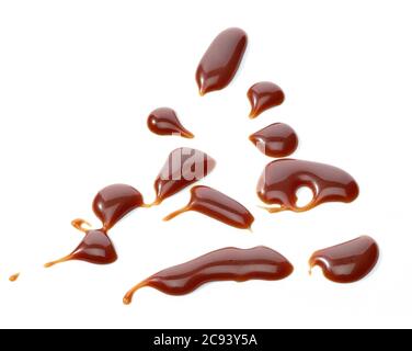 Drops of chocolate sauce isolated on white background Stock Photo