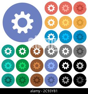 Settings multi colored flat icons on round backgrounds. Included white, light and dark icon variations for hover and active status effects, and bonus Stock Vector