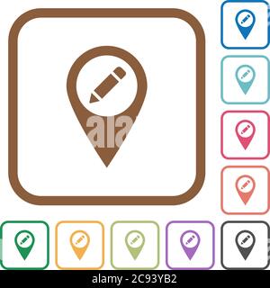 Rename GPS map location simple icons in color rounded square frames on white background Stock Vector