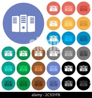 Server hosting multi colored flat icons on round backgrounds. Included white, light and dark icon variations for hover and active status effects, and Stock Vector