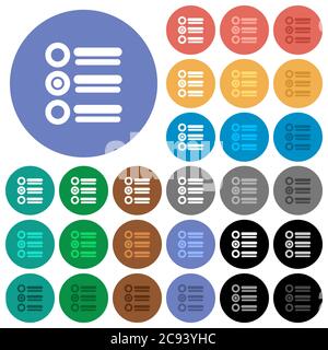 Radio group multi colored flat icons on round backgrounds. Included white, light and dark icon variations for hover and active status effects, and bon Stock Vector