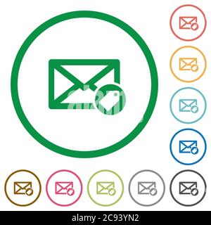 Tagging mail flat color icons in round outlines on white background Stock Vector