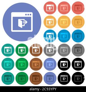 Application exit multi colored flat icons on round backgrounds. Included white, light and dark icon variations for hover and active status effects, an Stock Vector