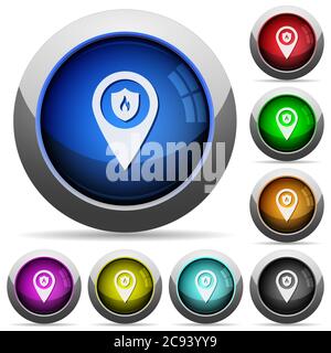 Fire station GPS map location icons in round glossy buttons with steel frames Stock Vector
