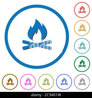 Camp fire flat color vector icons with shadows in round outlines on white background Stock Vector