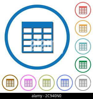 Spreadsheet table flat color vector icons with shadows in round outlines on white background Stock Vector