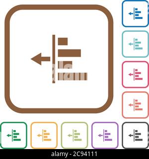 Decrease left indentation of content simple icons in color rounded square frames on white background Stock Vector