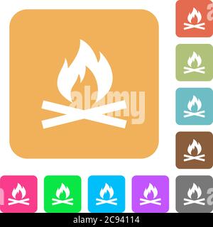 Camp fire flat icons on rounded square vivid color backgrounds. Stock Vector
