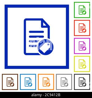 Tagging document flat color icons in square frames on white background Stock Vector