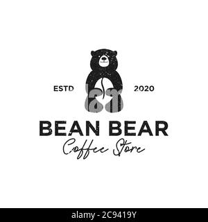Vintage Bean Bear coffee Shop logo designs with negative space vector illustration Stock Vector