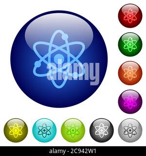 Atom icons on round color glass buttons Stock Vector