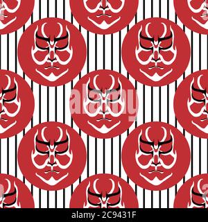 Vector Japanese drama Kabuki face seamless pattern background. Black and white theatre mask in red circles on striped backdrop. Stylised aragoto Stock Vector