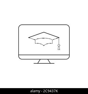 College cap or mortarboard on a computer screen. Online education, e learning, home schooling, graduation, concept. Line icon. Black outline . Vector Stock Vector